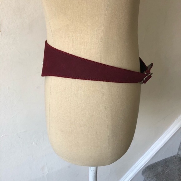 Vintage Faux Suede Wine Red Metal Embellished Adjustable Buckle Waist Belt O/S main image 8